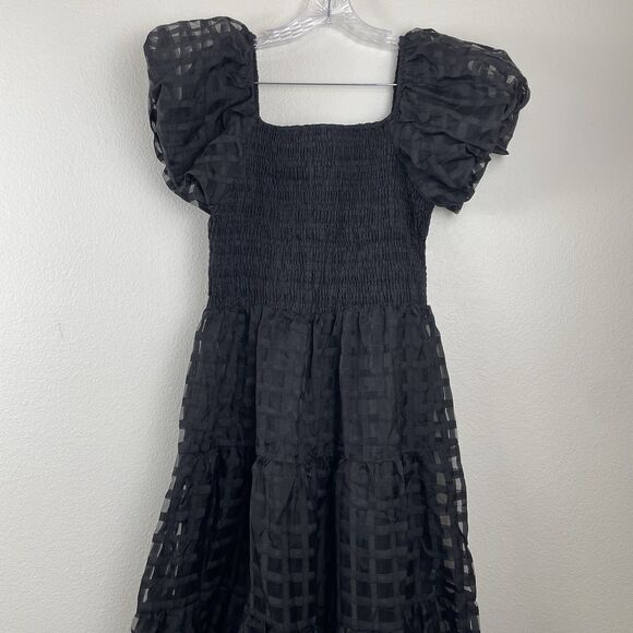 NWTPretty Garden Puff Sleeve Smocked Tiered Dress Sheer Midi Black Cottagecore-L - Picture 3 of 13